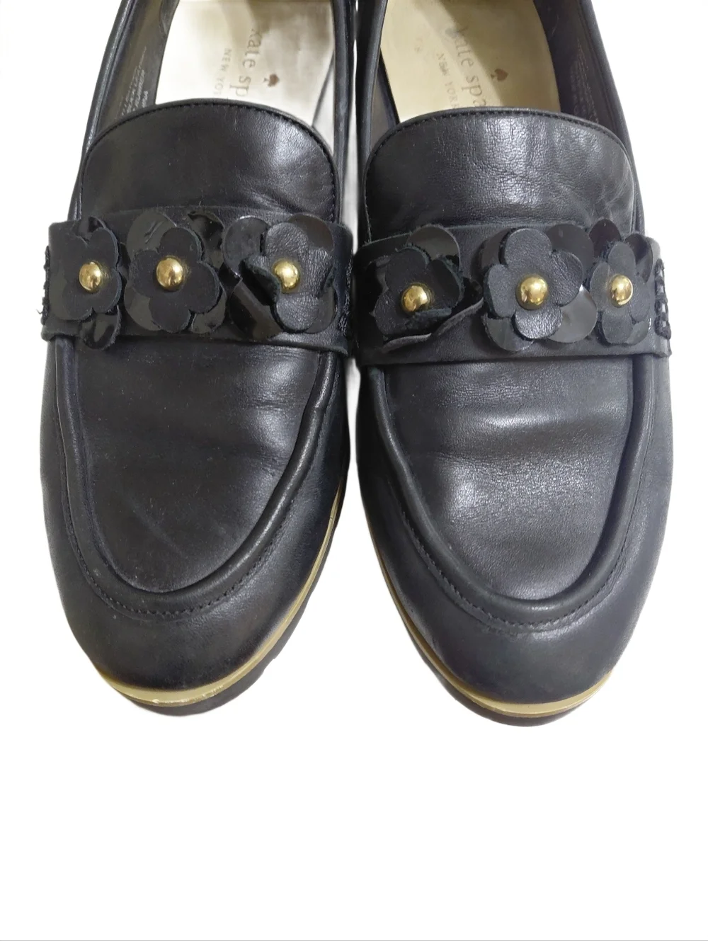 kate spade Flowered Black Leather Penny Loafers Karissa Size 7 M